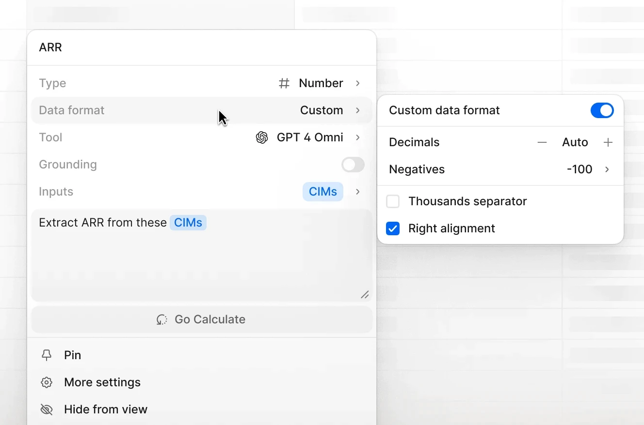 UI showing customizable numerical formatting and alignment options for financial calculations.
