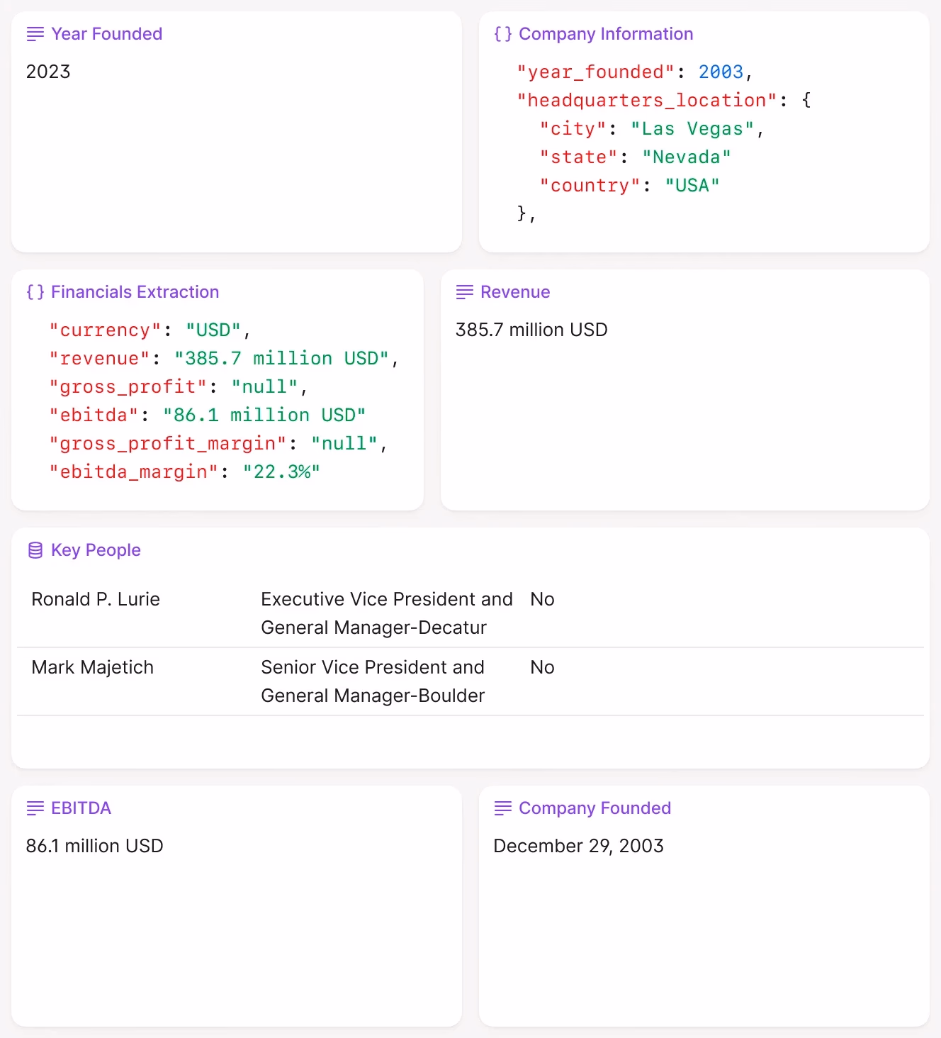 Dashboard-style grid showing extracted company information fields, including year founded, headquarters location in Las Vegas, Nevada, revenue figures, EBITDA values, and key personnel titles. Panels display both structured JSON outputs and human-readable summaries.