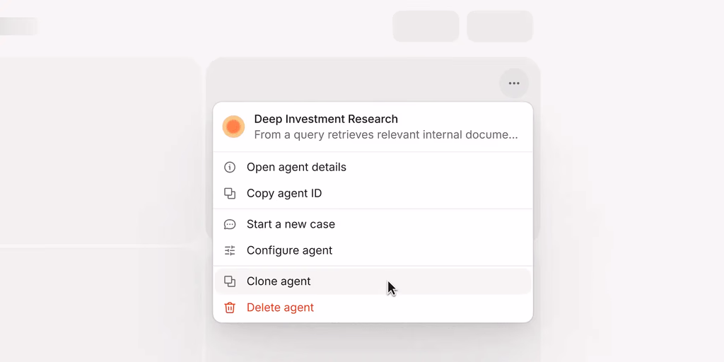 Menu with options including Clone agent