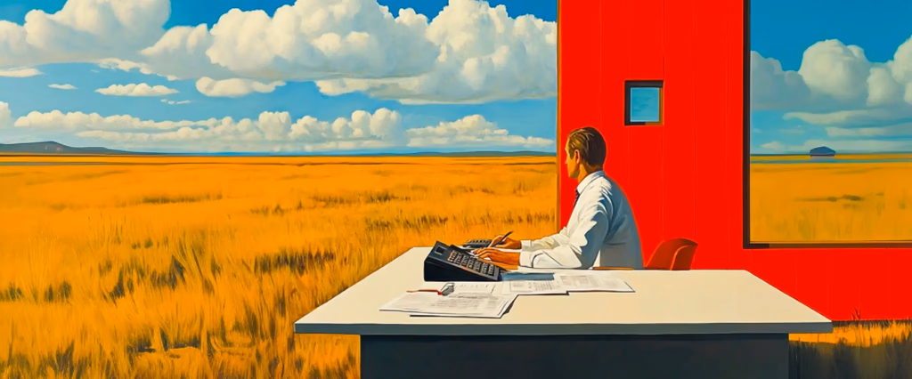 Man at desk in front of field and red wall.