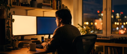 Person at desk with dual monitors at night