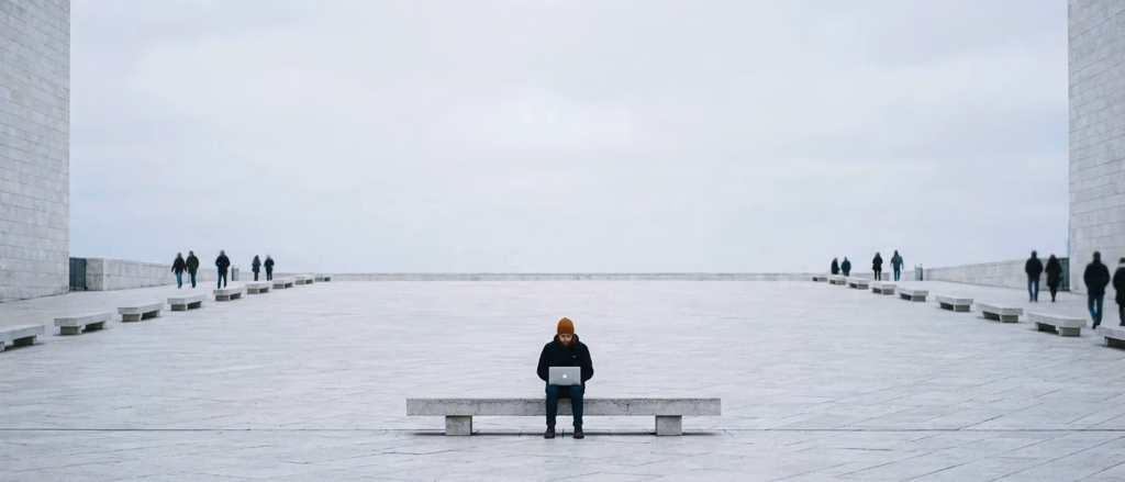 Man on bench with laptop, surrounded by scattered people.