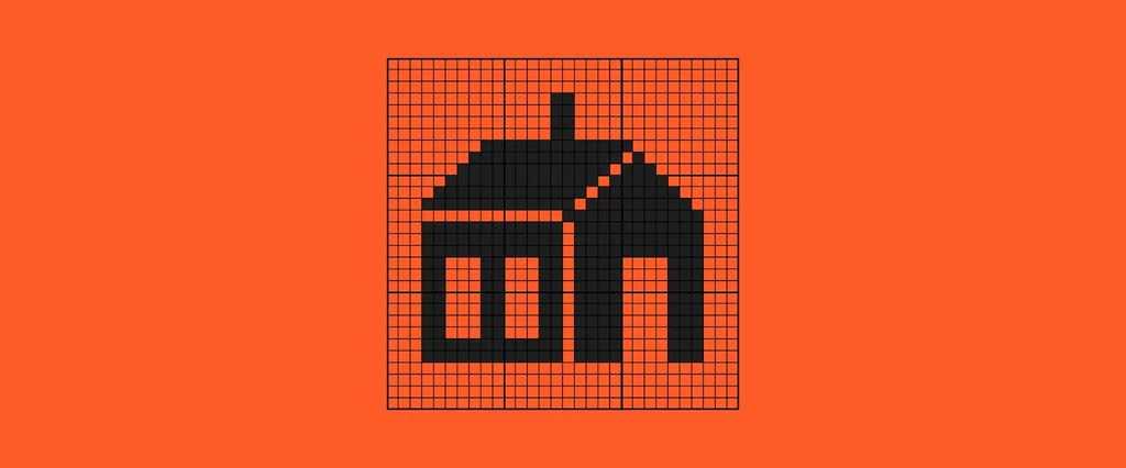 Pixelated black house on orange background