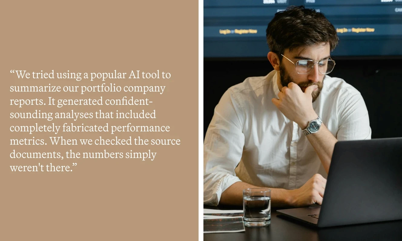 An analyst wearing glasses and a white shirt, thoughtfully working on a laptop, alongside a quote explaining that popular AI tools sometimes generate convincing yet completely fabricated financial data.