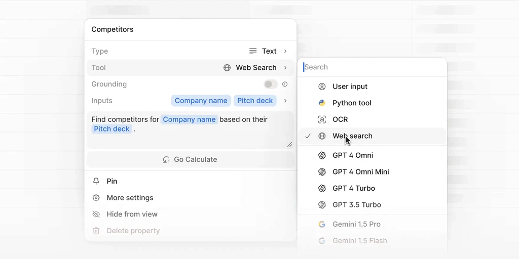 Web search tool selected from a dropdown menu.