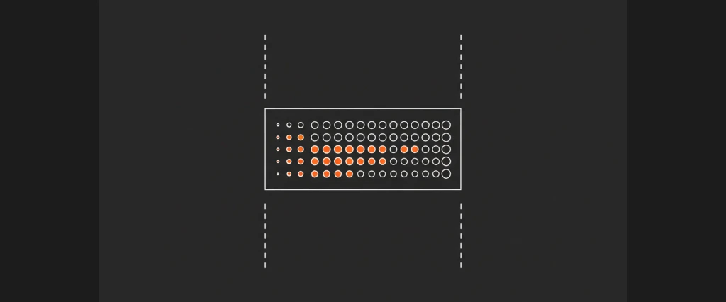 Grid of circles, a cluster of orange circles on left