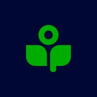 Green leaf and circle logo on dark blue background.