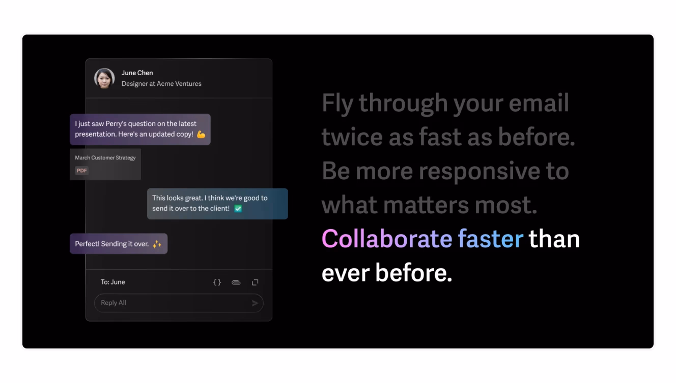 An email conversation snippet shows a user sharing a PDF file and confirming a document has been sent