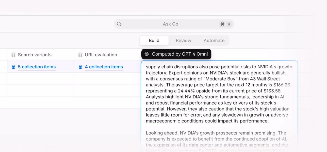 A search result interface showing AI-generated financial analysis of NVIDIA stock