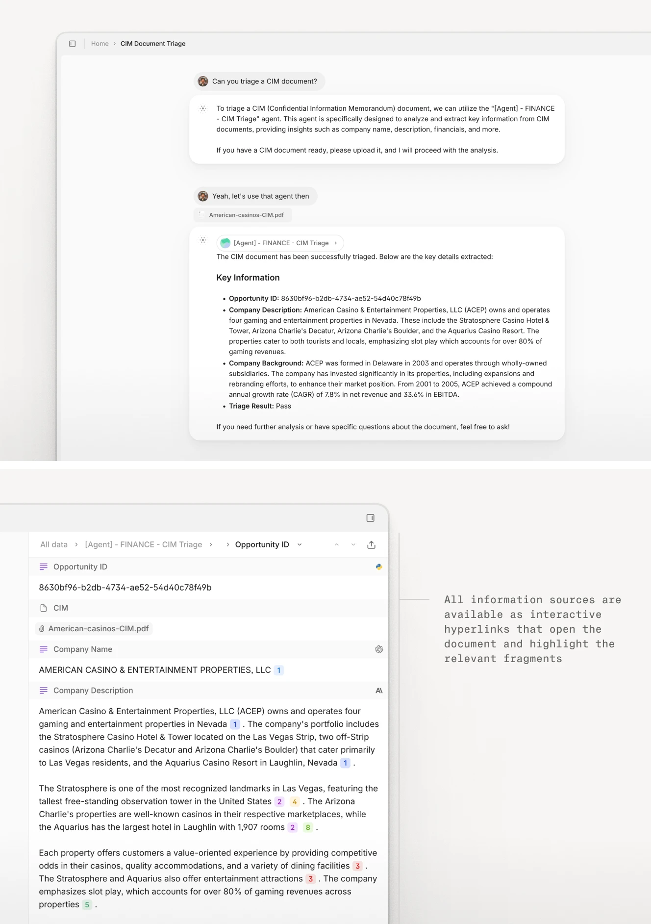 Screenshot of a GTCX Network AI agent analyzing a CIM (Confidential Information Memorandum) document. The interface shows a chat where the user uploads a file named "American-casinos-CIM.pdf" and selects the “FINANCE – CIM Triage” agent. Below, the system displays extracted key information such as Opportunity ID, Company Description, Background, and Triage Result. A collapsible sidebar on the right displays structured data with interactive hyperlinks that highlight relevant fragments in the document.