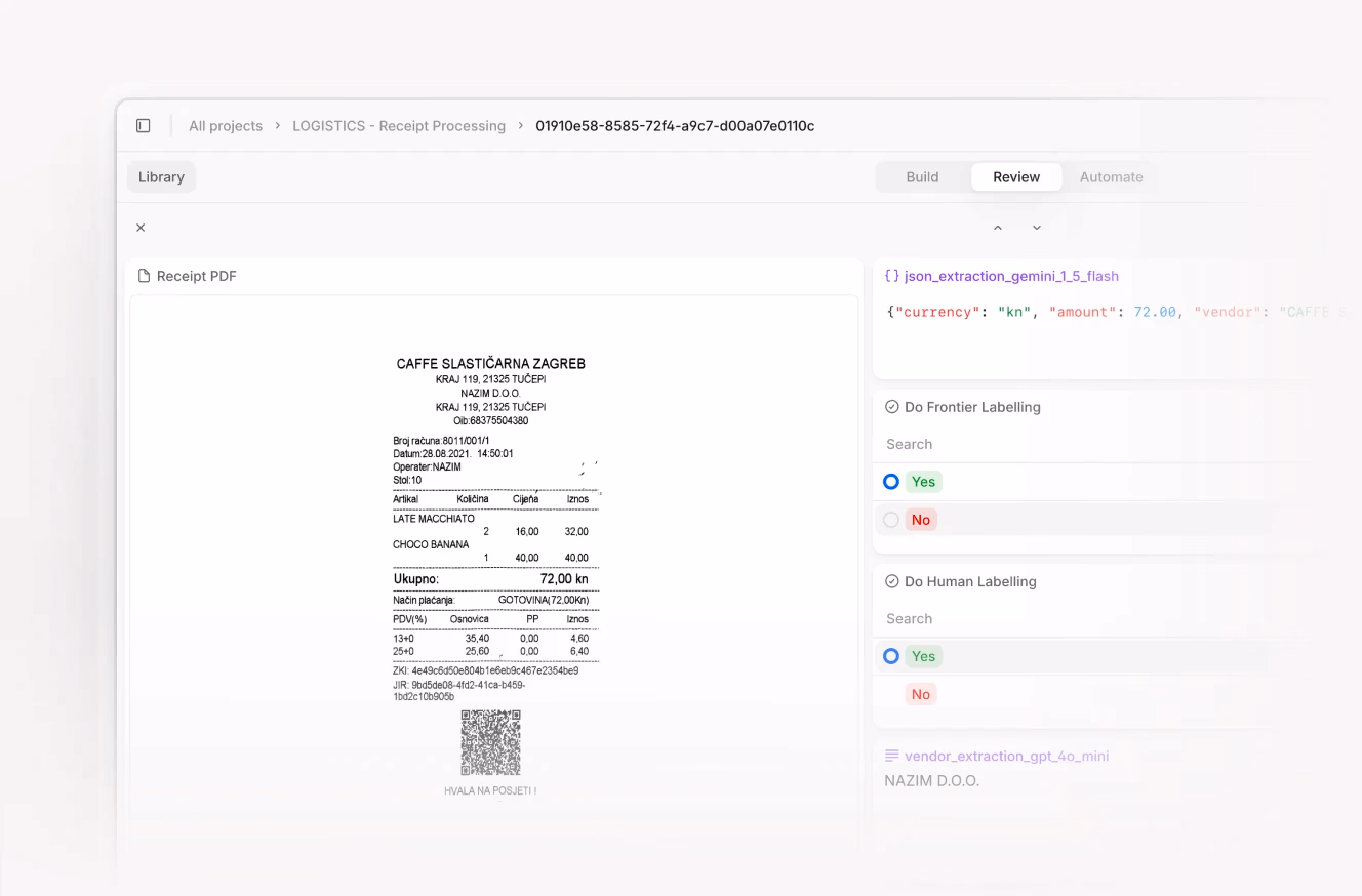 An AI-powered receipt processing tool interface. On the left, a scanned receipt with itemized details is shown. On the right, extracted data like currency, amount, and vendor information are displayed in JSON format.