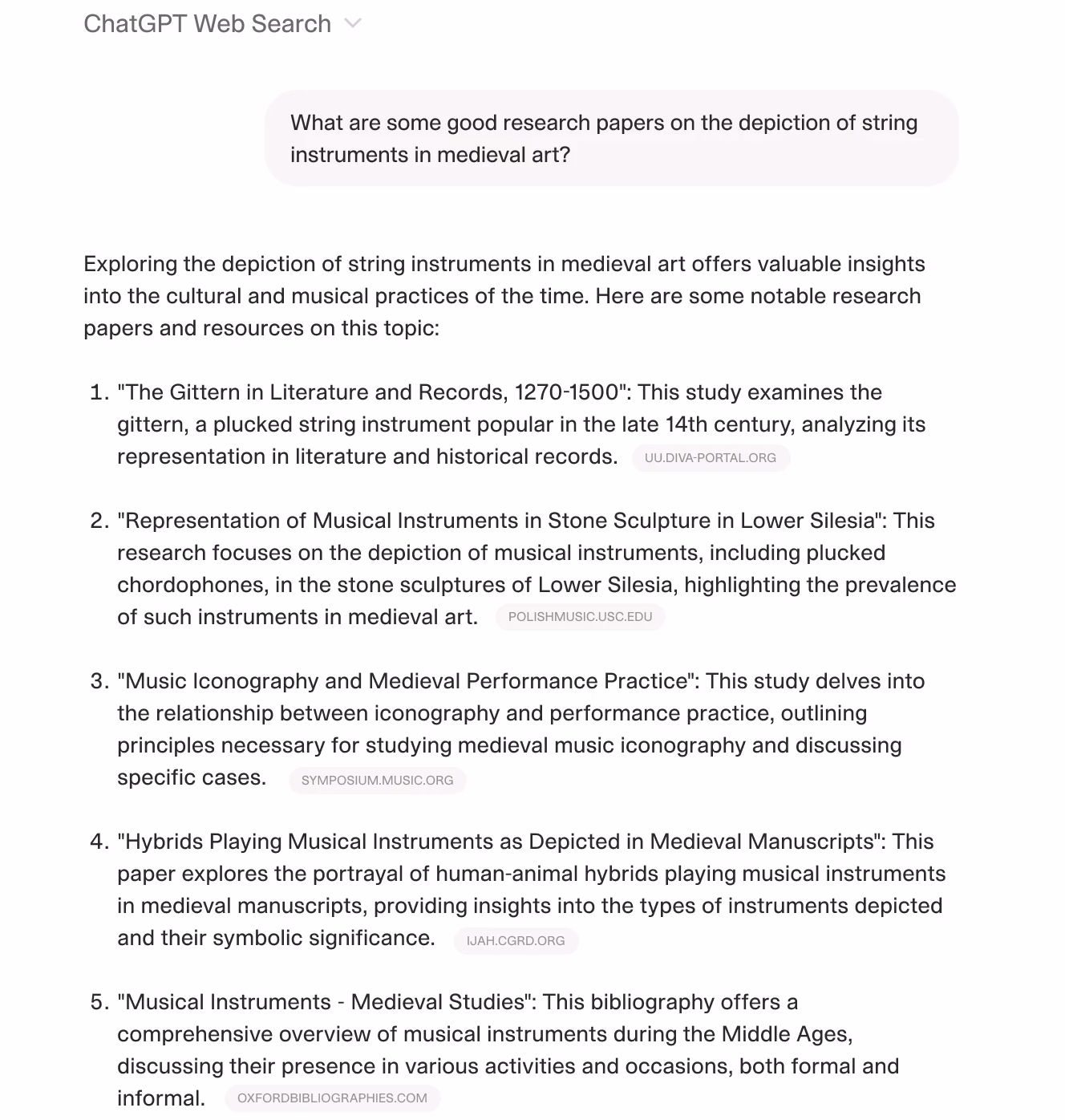 A ChatGPT Web Search result displaying a list of research papers on the depiction of string instruments in medieval art. The list includes summaries of academic studies on various instruments and their representation in literature, sculptures, and manuscripts.