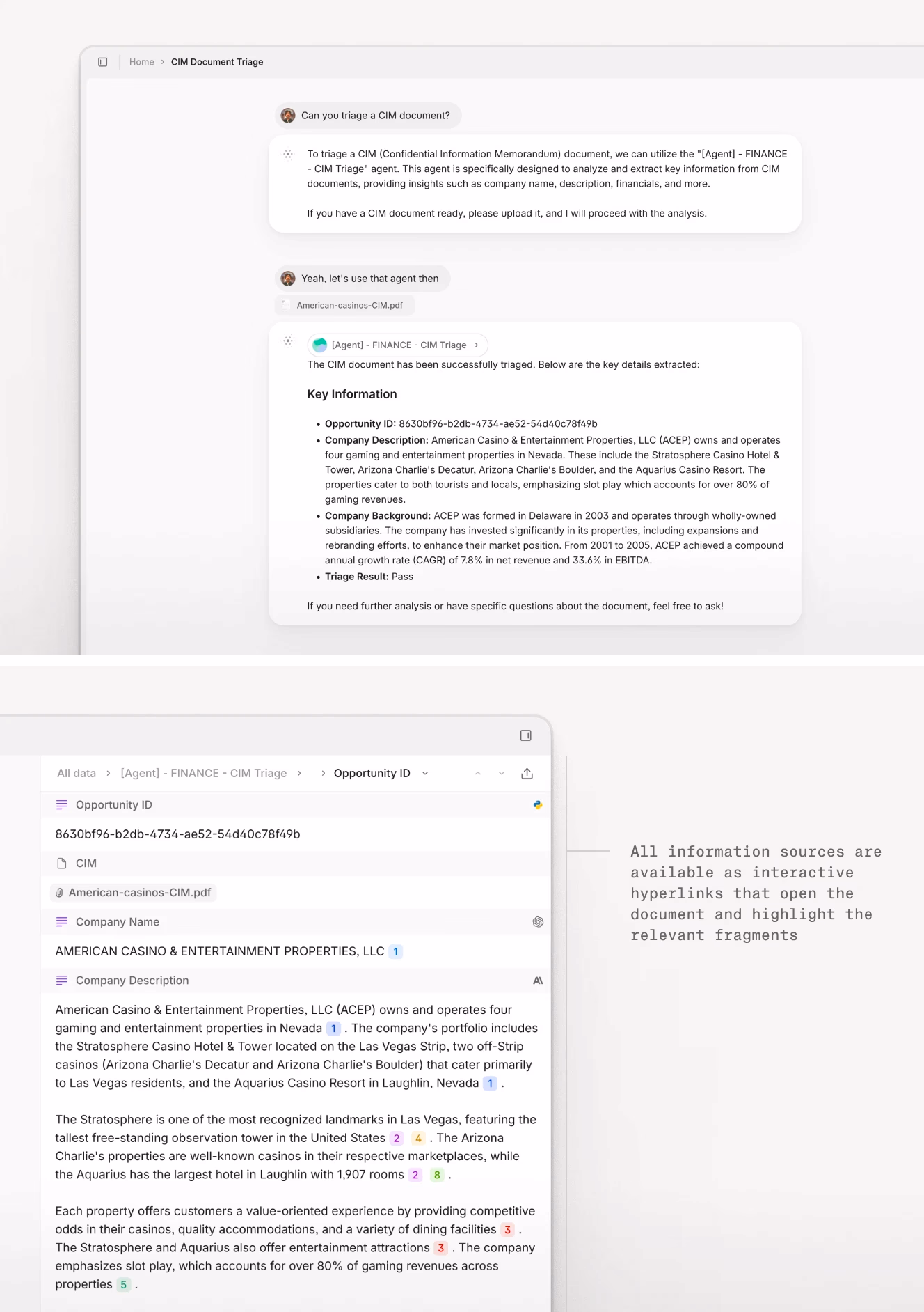 CIM triage interface showing AI-extracted company summary, financial metrics, and classification results