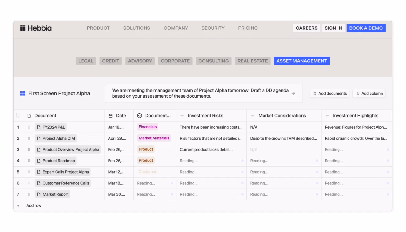 A document analysis tool categorizing financial risks, market considerations, and investment highlights