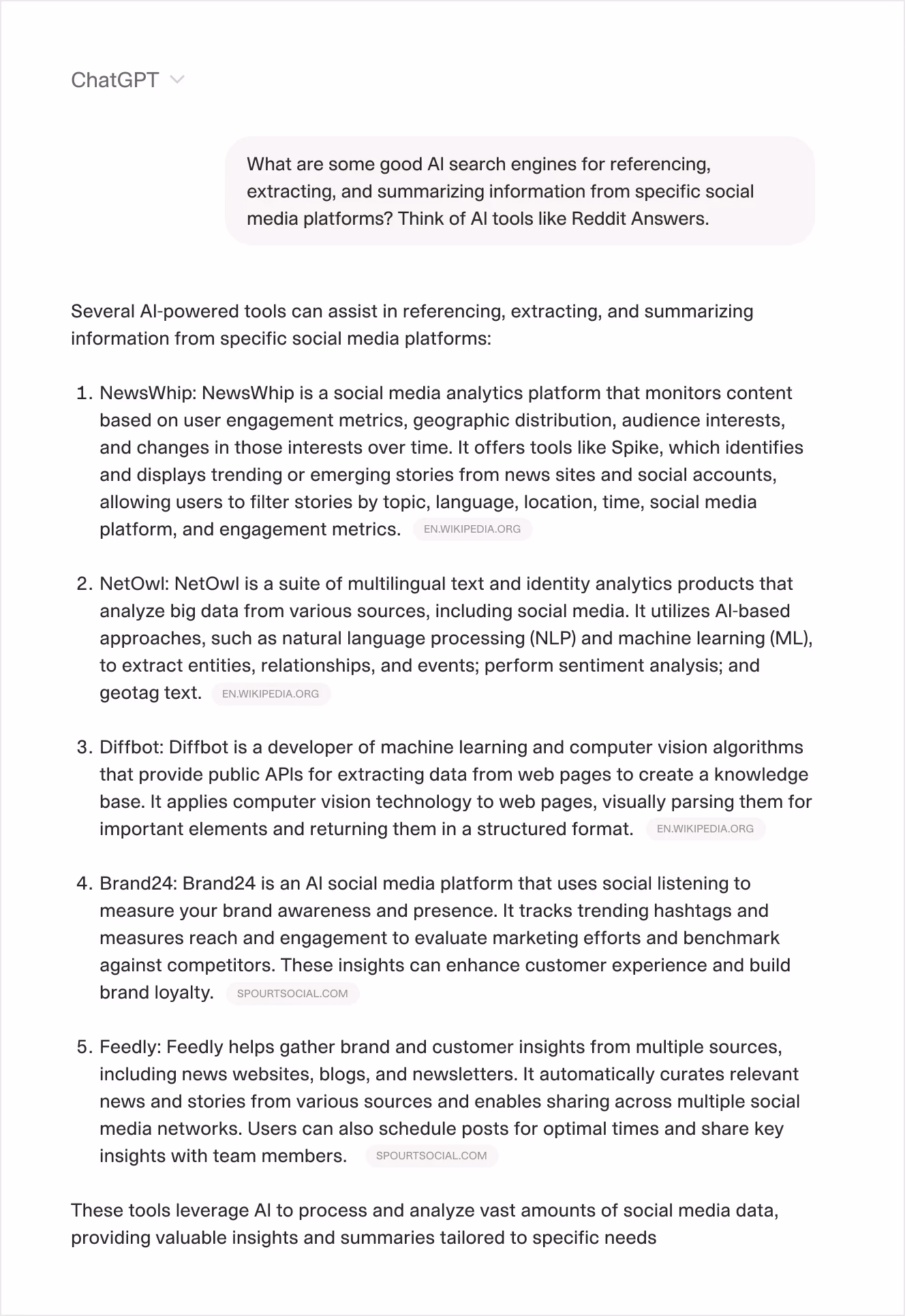 A screenshot of a ChatGPT response listing AI search engines for referencing, extracting, and summarizing social media data.