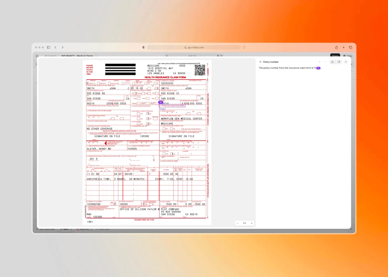 An uploaded image of a health insurance claim form in GTCX Network, with analysis of the document begining in the right hand pane