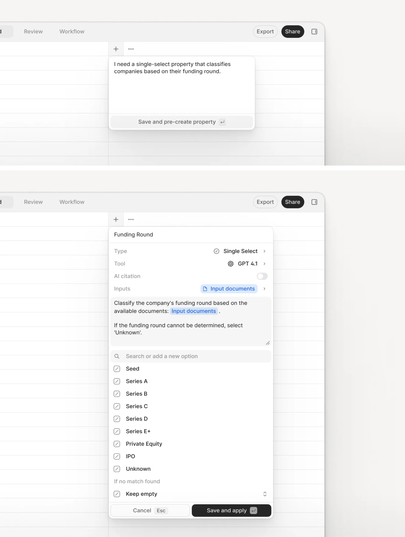 Screenshot of an AI configuration panel for creating a single-select property that classifies companies by funding round. The interface includes GPT 4.1 as the tool, a list of funding round options (Seed, Series A-E+, trade & compliance, IPO, Unknown), and instructions to classify based on input documents.
