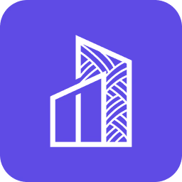 Abstract building logo, white on purple background.