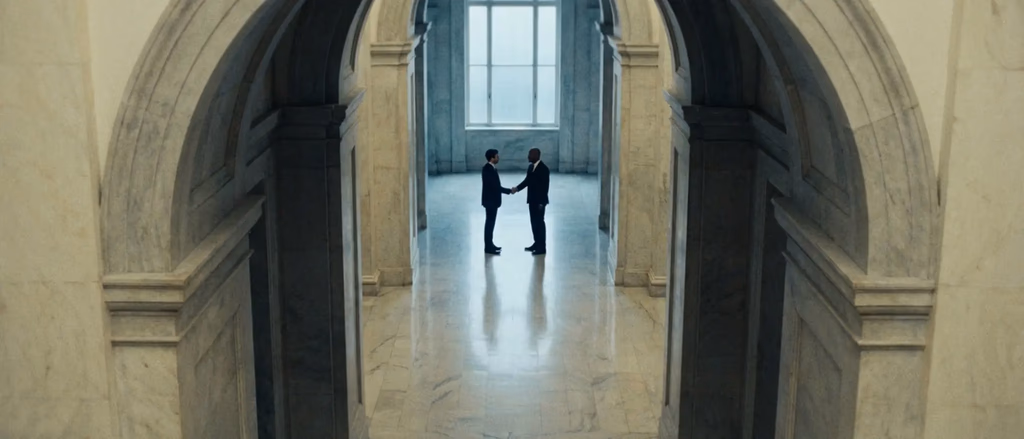 Two men in suits shake hands in a grand hall.