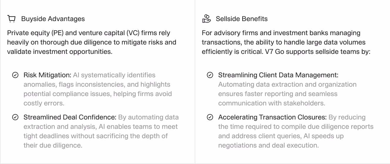 A comparison table outlining AI advantages for buy-side and sell-side teams, such as risk mitigation, streamlined client data management, and faster transaction closures.
