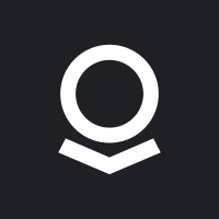 White circle with a chevron below on a dark background.