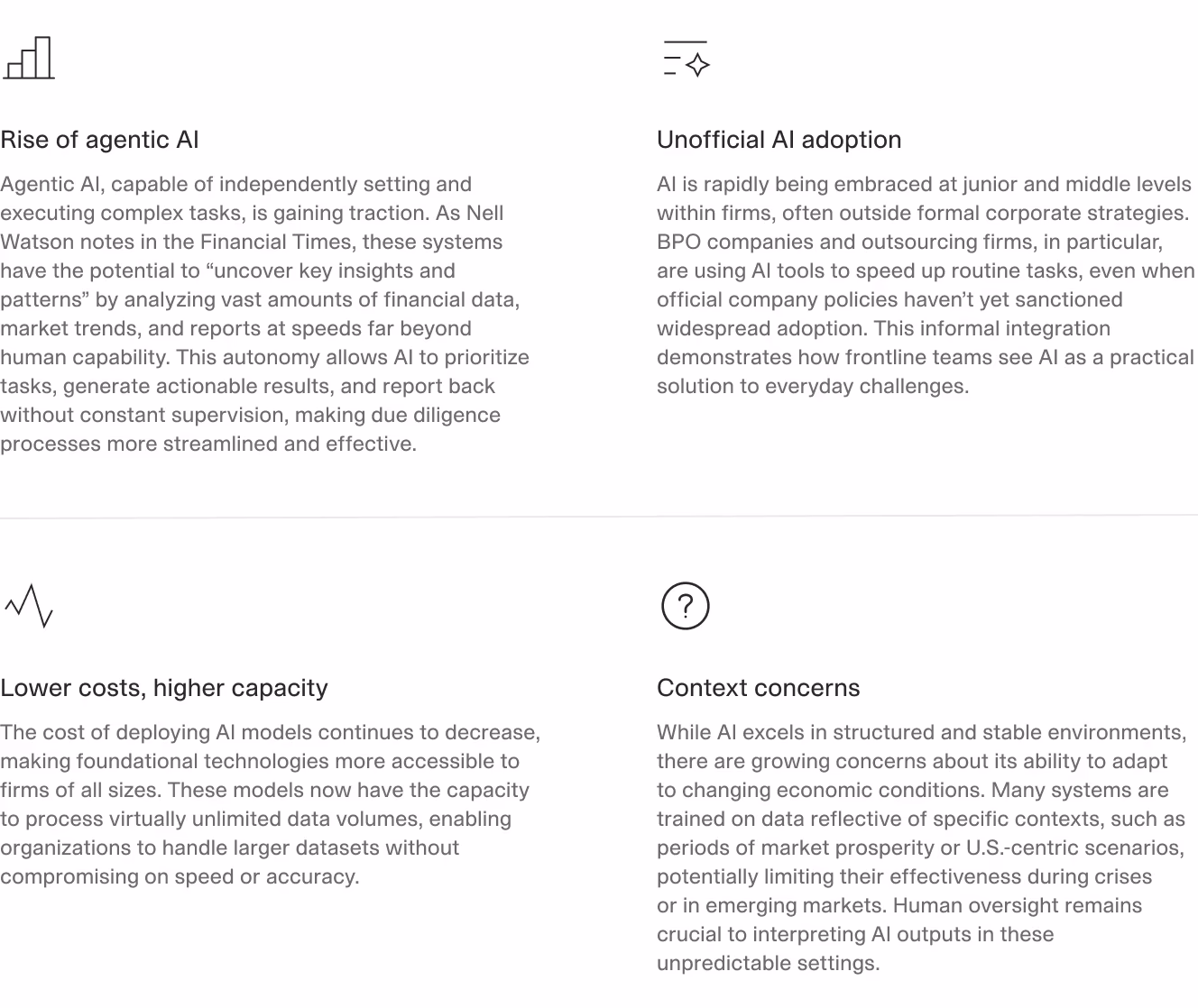 grid showcasing emerging AI trends like agentic AI, unofficial adoption, lower costs, and context challenges, with concise descriptions for each.