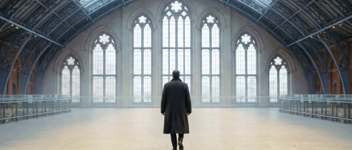 Man in coat walks through vast hall with arched windows.