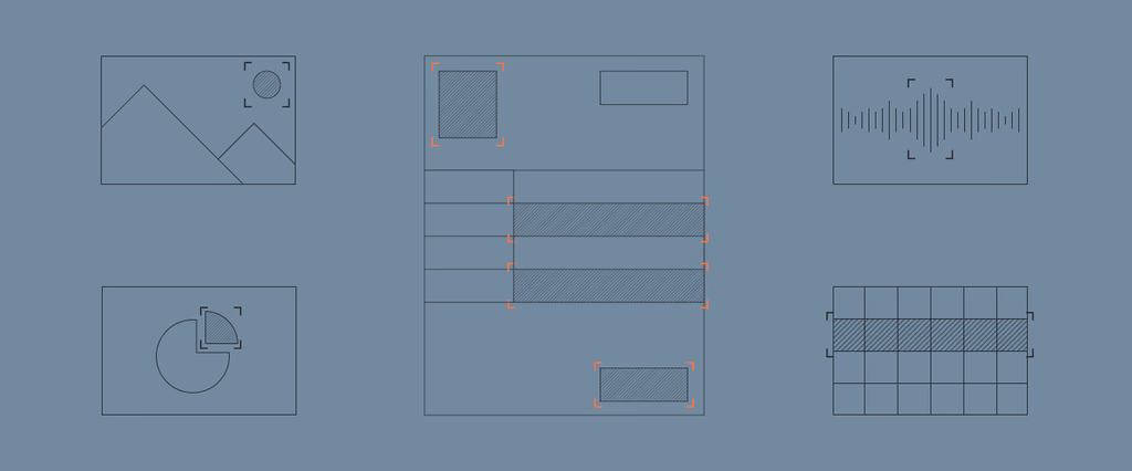 Icons: image, audio, pie chart, document, grid