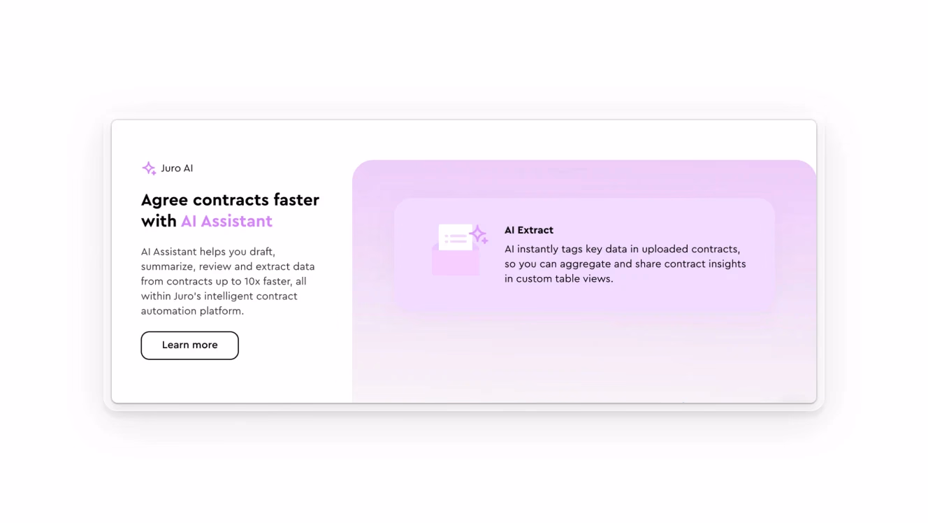 Juro AI, showcasing its AI assistant for faster contract drafting, summarizing, reviewing, and data extraction