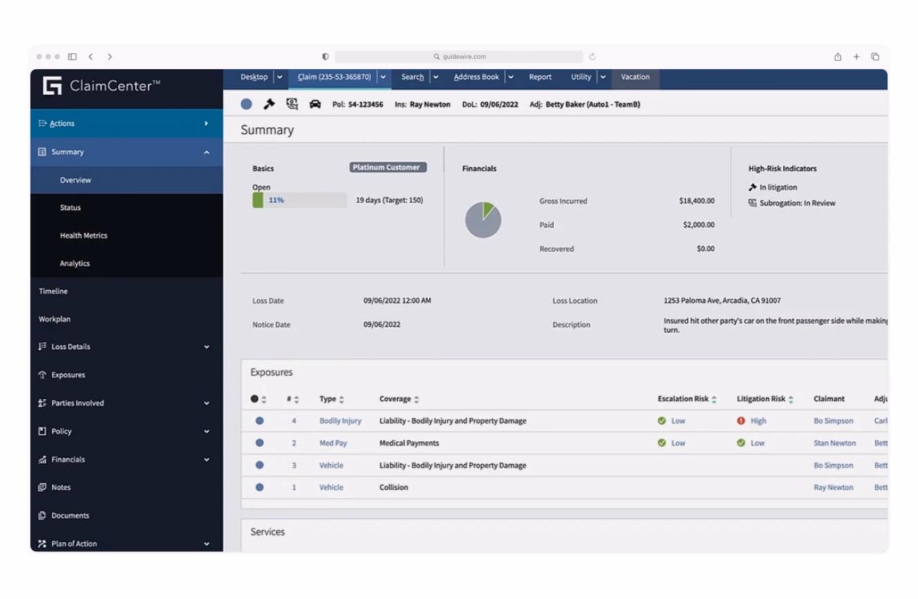 A screenshot of the Guidewire ClaimCenter interface displaying a claims summary page.