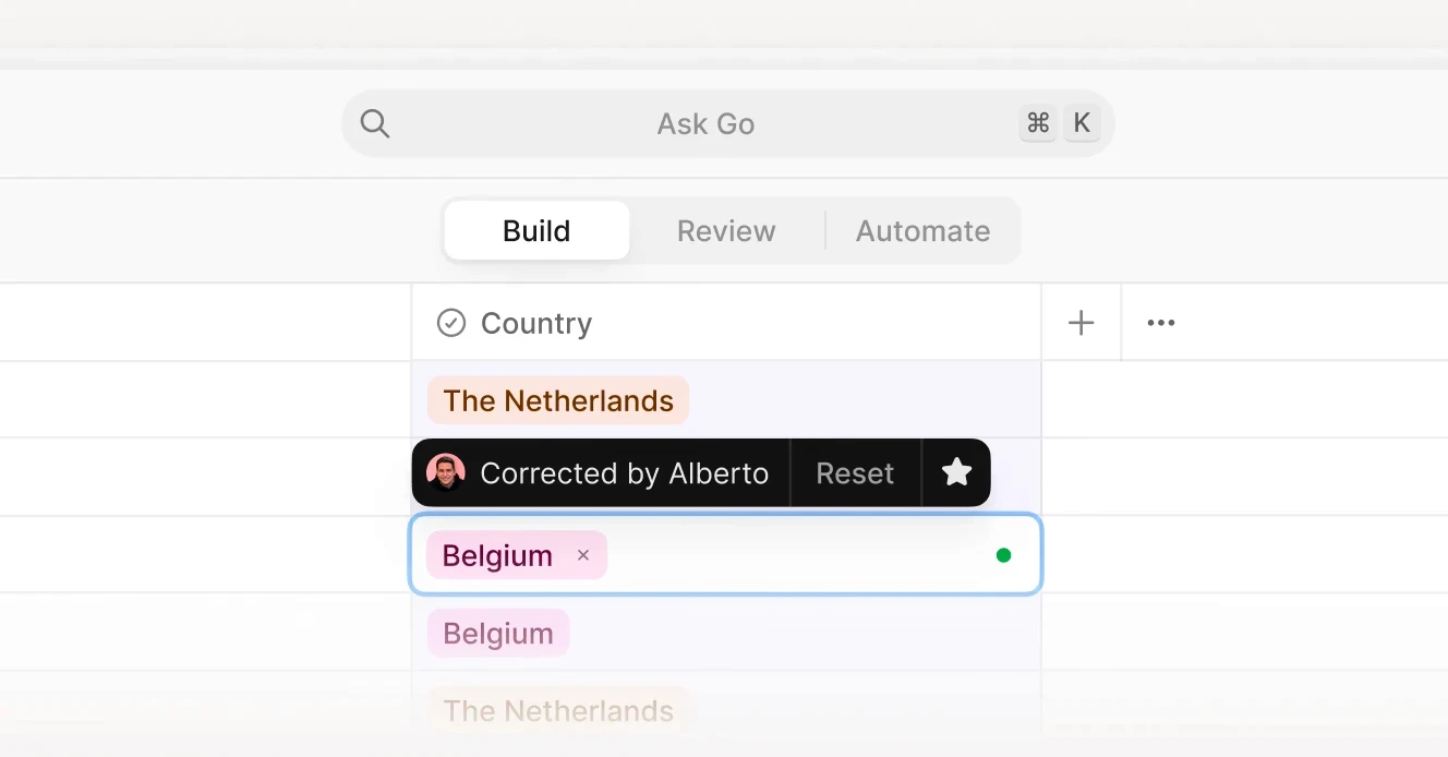Image depicts a manual correction being made by the user to the Country field in GTCX go