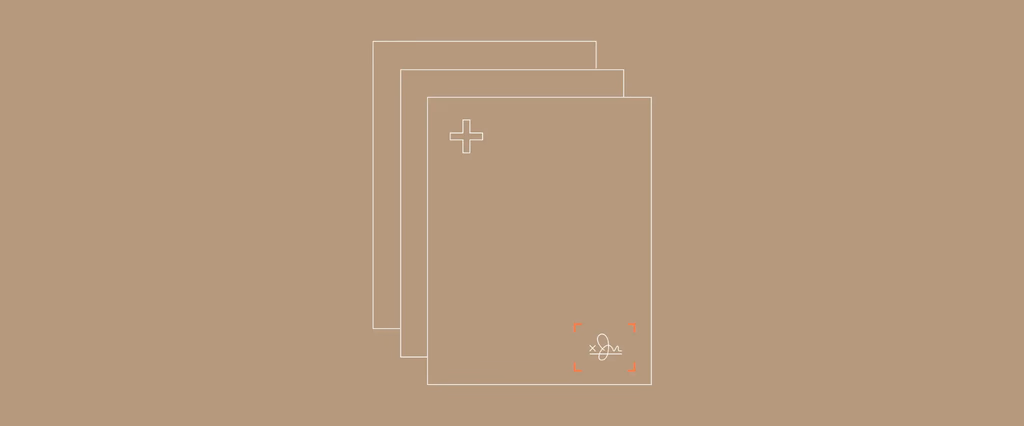Layered documents with a plus sign graphic and a signature.
