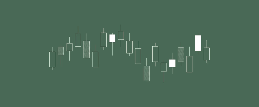 Candlestick chart showing fluctuating price trends.
